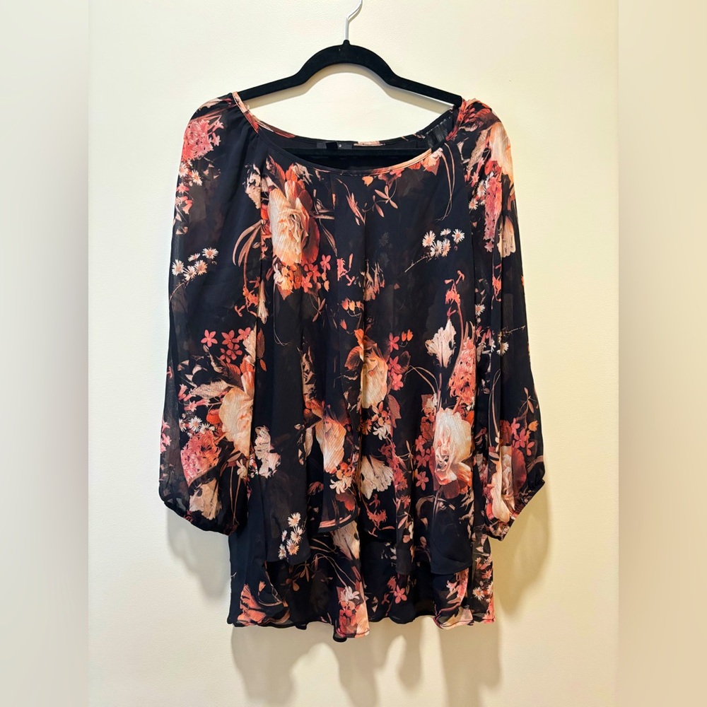 Floral Women's Blouse - Black and red - 1X